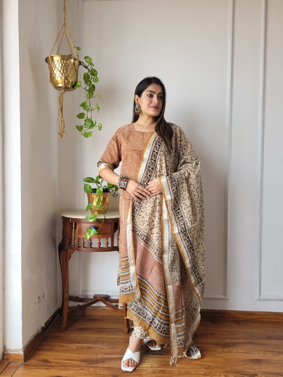 Red Bagru Hand Block Printed Linen Suit Set